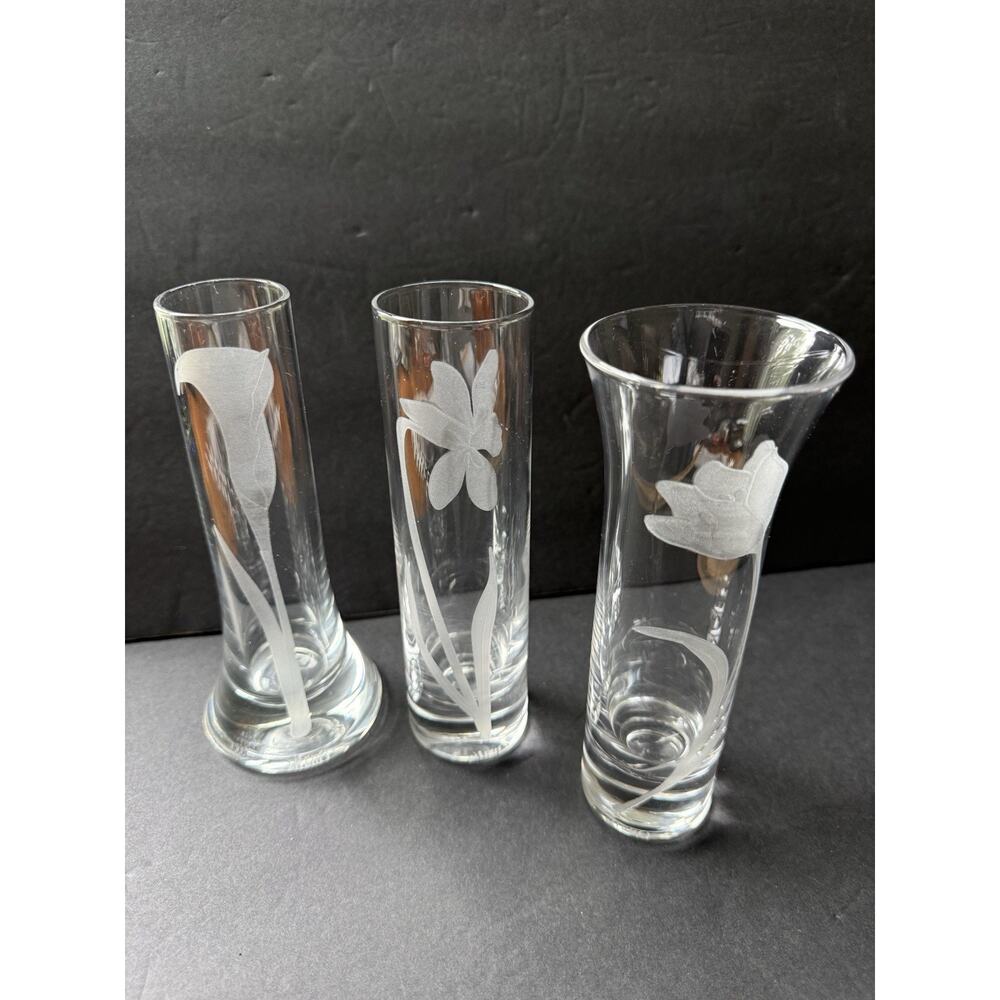Qualia Glass Etched Bud Vase Clear Set (3) Bouquet Tulip Deco Modernist